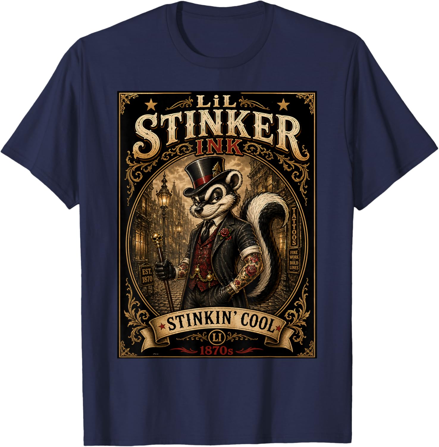 Lil Stinker Ink Vintage Tattoo Skunk Design 1870s Style T-Shirt - T-Shirt | Navy