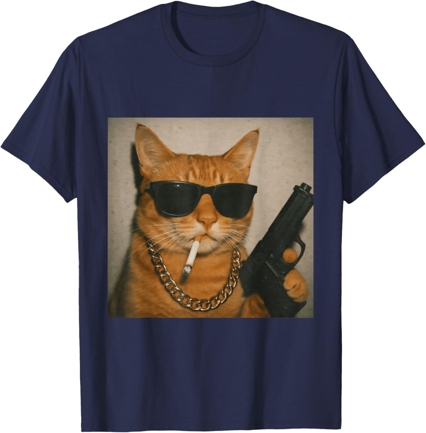 Funny Gangster Cat Smoking Gen Z Retro Meme Cat Lover T-Shirt - T-Shirt | Navy
