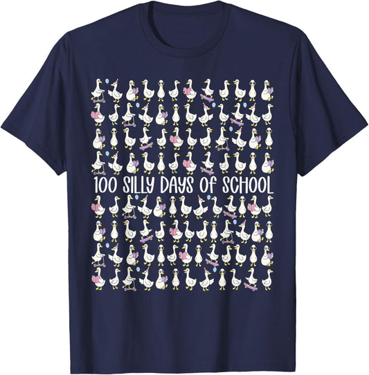 100 Silly Days of School Funny Silly Goose 100 Days T-Shirt - T-Shirt | Navy