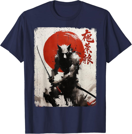 Vintage Samurai Wolf Warrior Calligraphic Japanese Art T-Shirt - T-Shirt | Navy