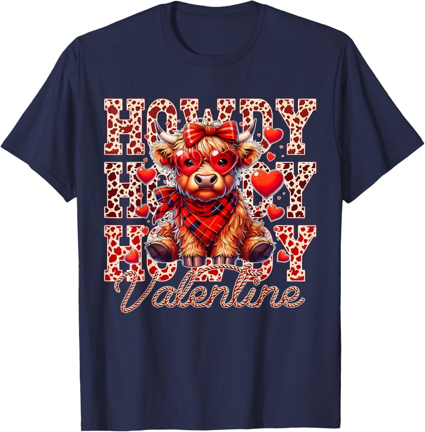 Howdy Valentine Highland Cow Red Plaid Coquette Bow Hearts T-Shirt - T-Shirt | Navy