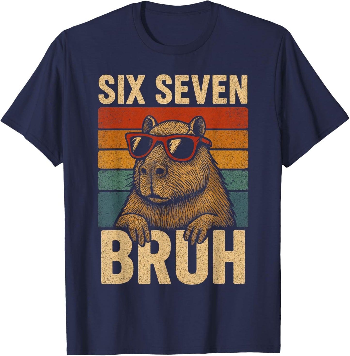 Six Seven Bruh Capybara Retro Vintage Funny 67 Meme Kids T-Shirt - T-Shirt | Navy