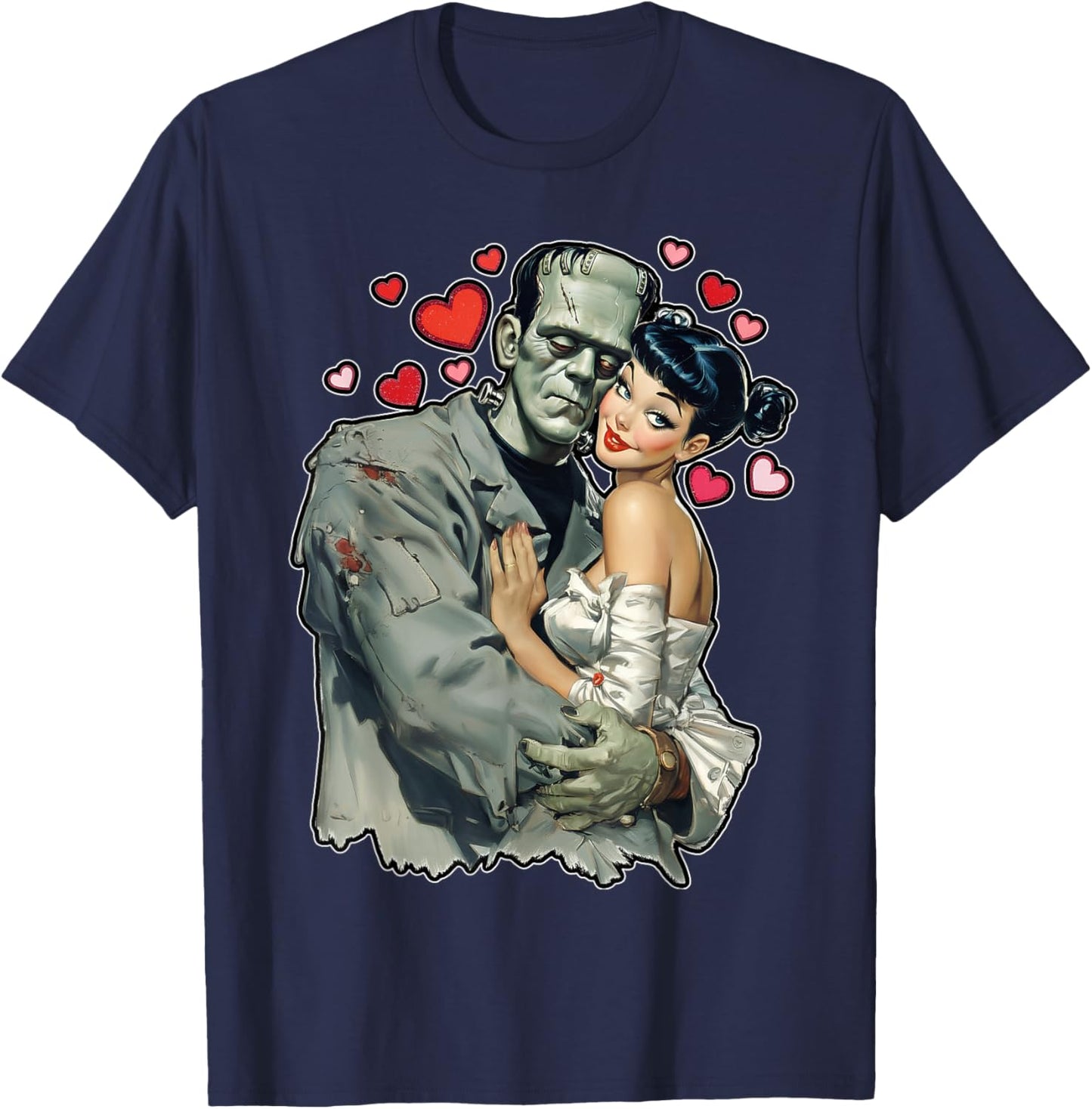 Love Heart Valentines Romantic Frankenstein and Wife Graphic T-Shirt - T-Shirt | Navy