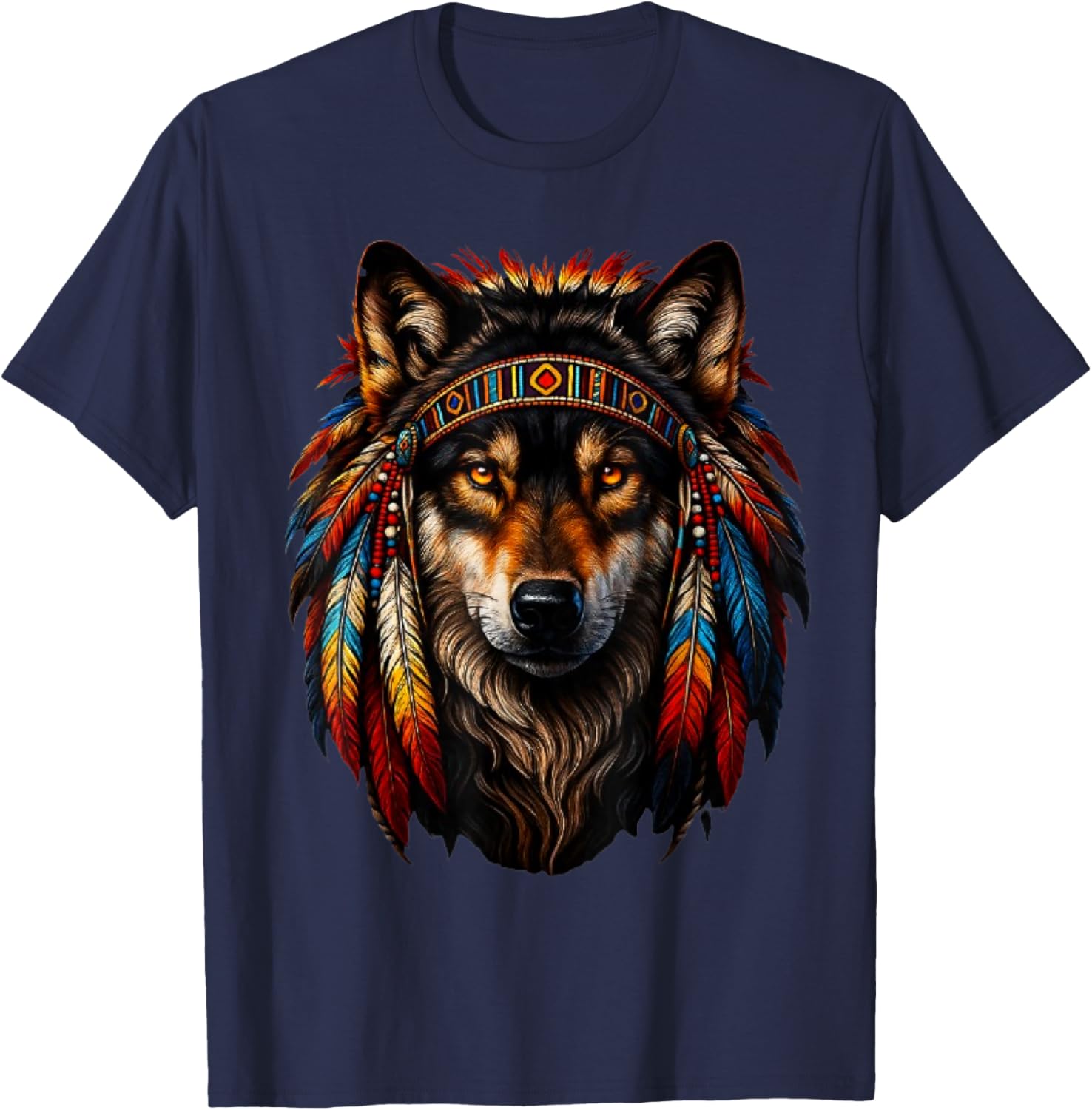 Native American Wolf Feather Headdress Indian T-Shirt - T-Shirt | Navy