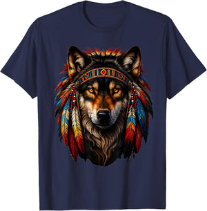 Native American Wolf Feather Headdress Indian T-Shirt - T-Shirt | Navy