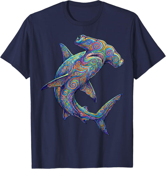 Colorful Hammerhead Shark Abstract Ocean Art Marine Life T-Shirt - T-Shirt | Navy