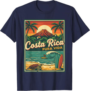 Costa Rica Pura Vida Vintage Surfer Volcano Turtle T-Shirt - T-Shirt | Navy