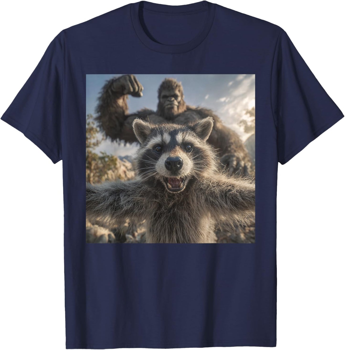 Funny Raccoon Selfie with Bigfoot Funny Sasquatch Meme T-Shirt - T-Shirt | Navy