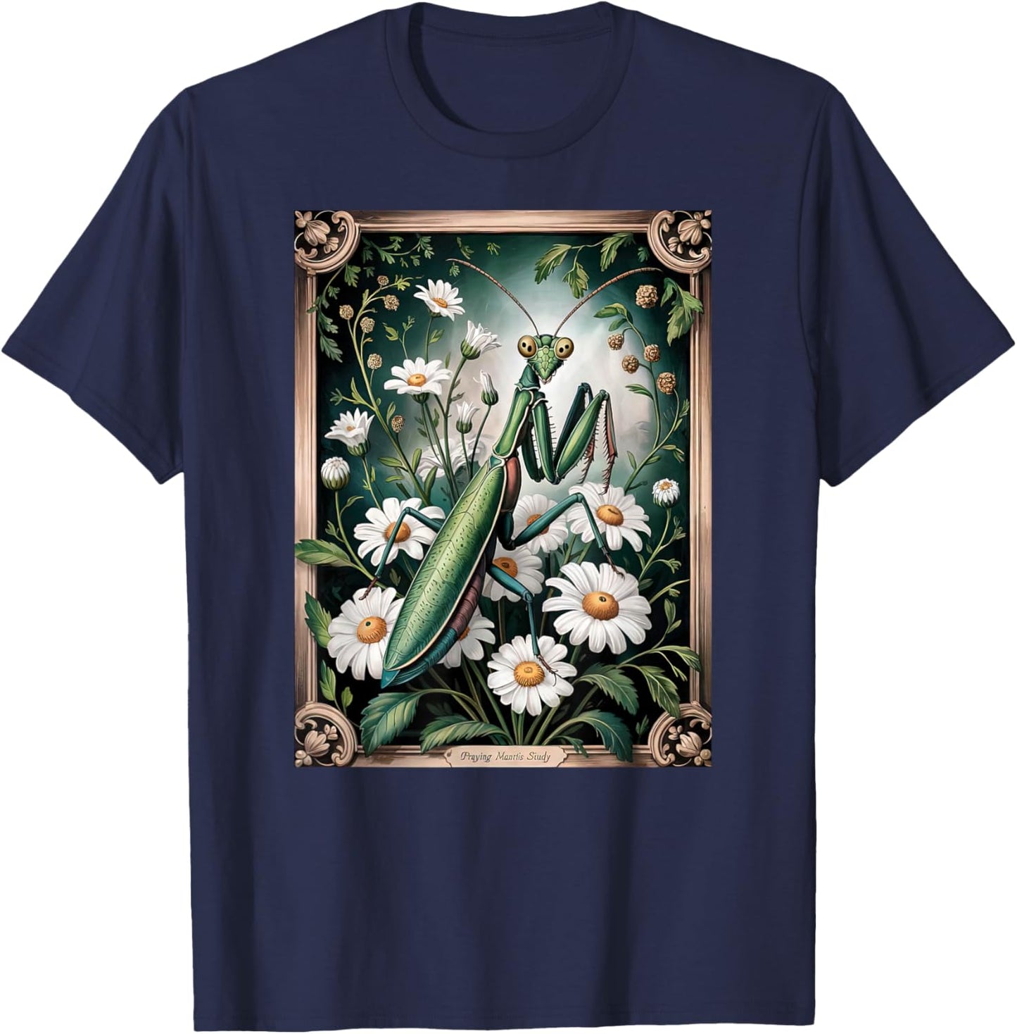 Vintage Daisy Flower Praying Mantis Nature Insect Gardening T-Shirt - T-Shirt | Navy