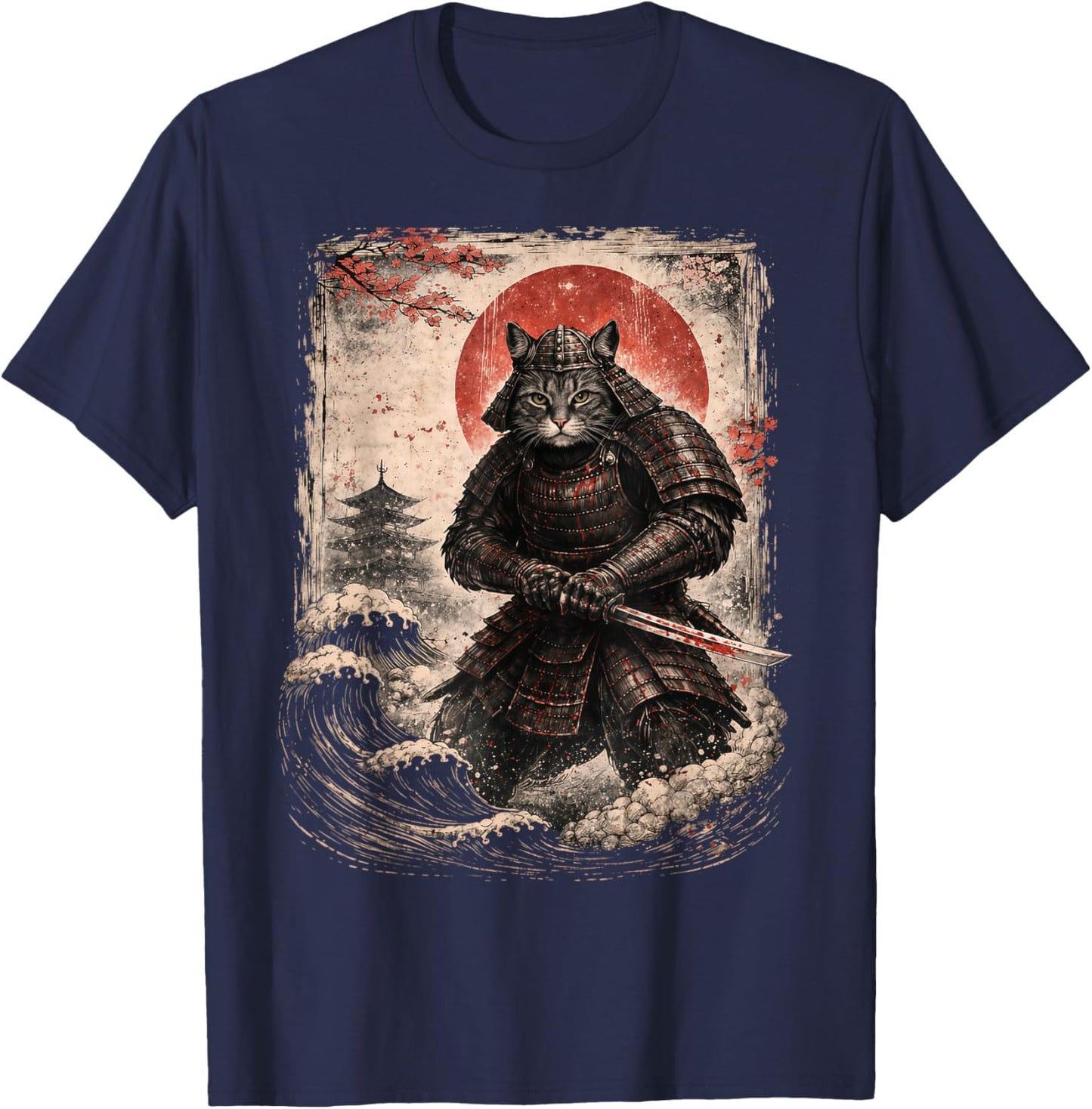 Funny Samurai Cat Sunset Vintage Graphic Ukiyo-e Art Drawing T-Shirt - T-Shirt | Navy