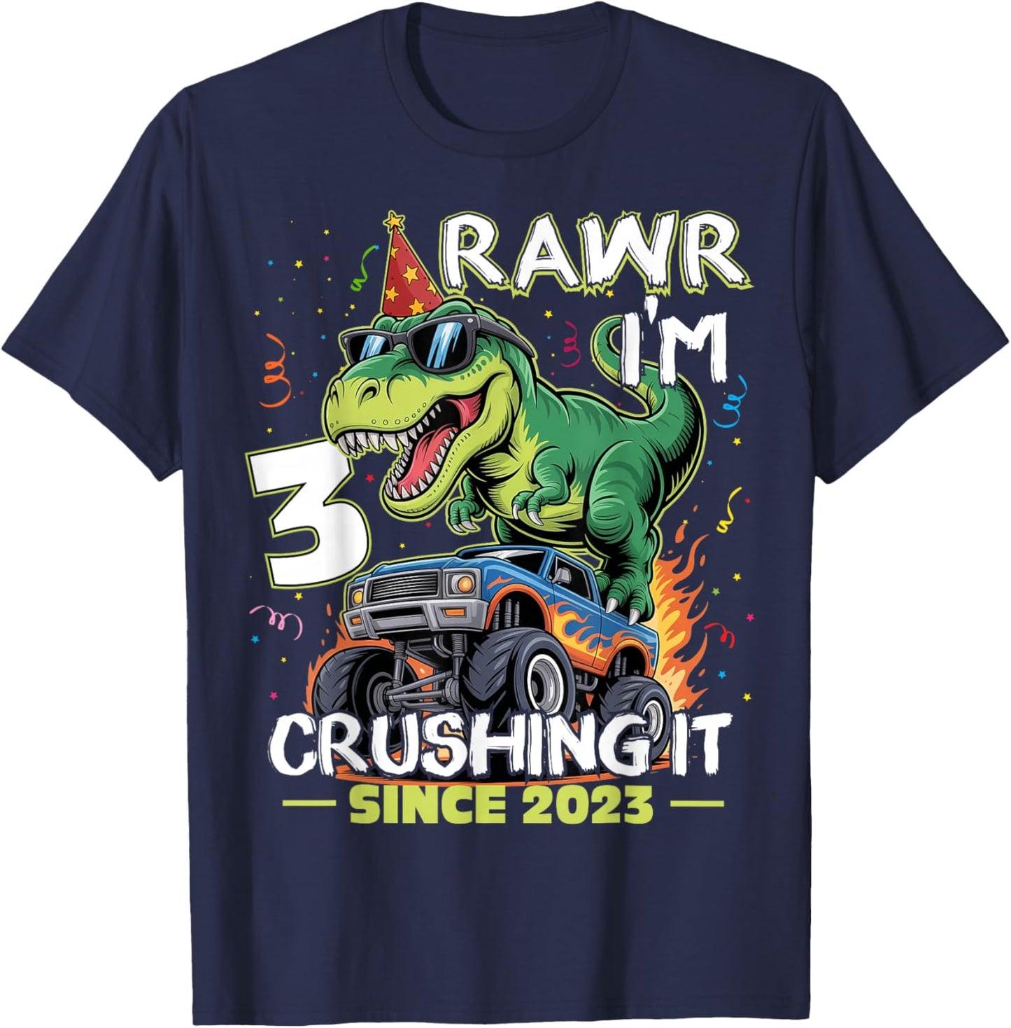 3rd Birthday Monster Truck Dinosaur 3 Years Old Birthday Boy T-Shirt - T-Shirt | Navy