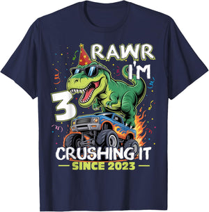 3rd Birthday Monster Truck Dinosaur 3 Years Old Birthday Boy T-Shirt - T-Shirt | Navy
