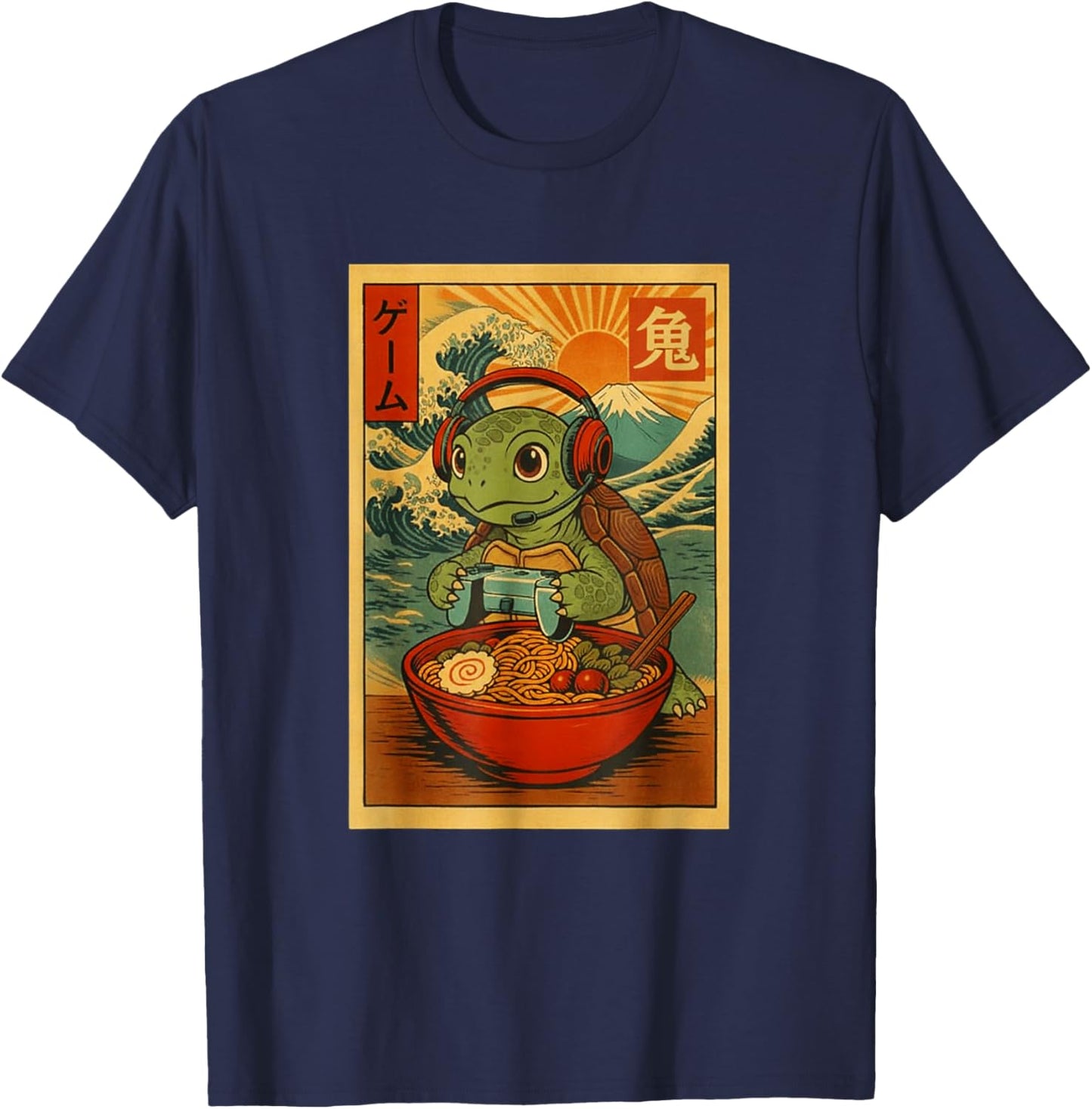 Japanese Ramen Turtle Gamer Ukiyo-e Great Wave Retro Art T-Shirt - T-Shirt | Navy