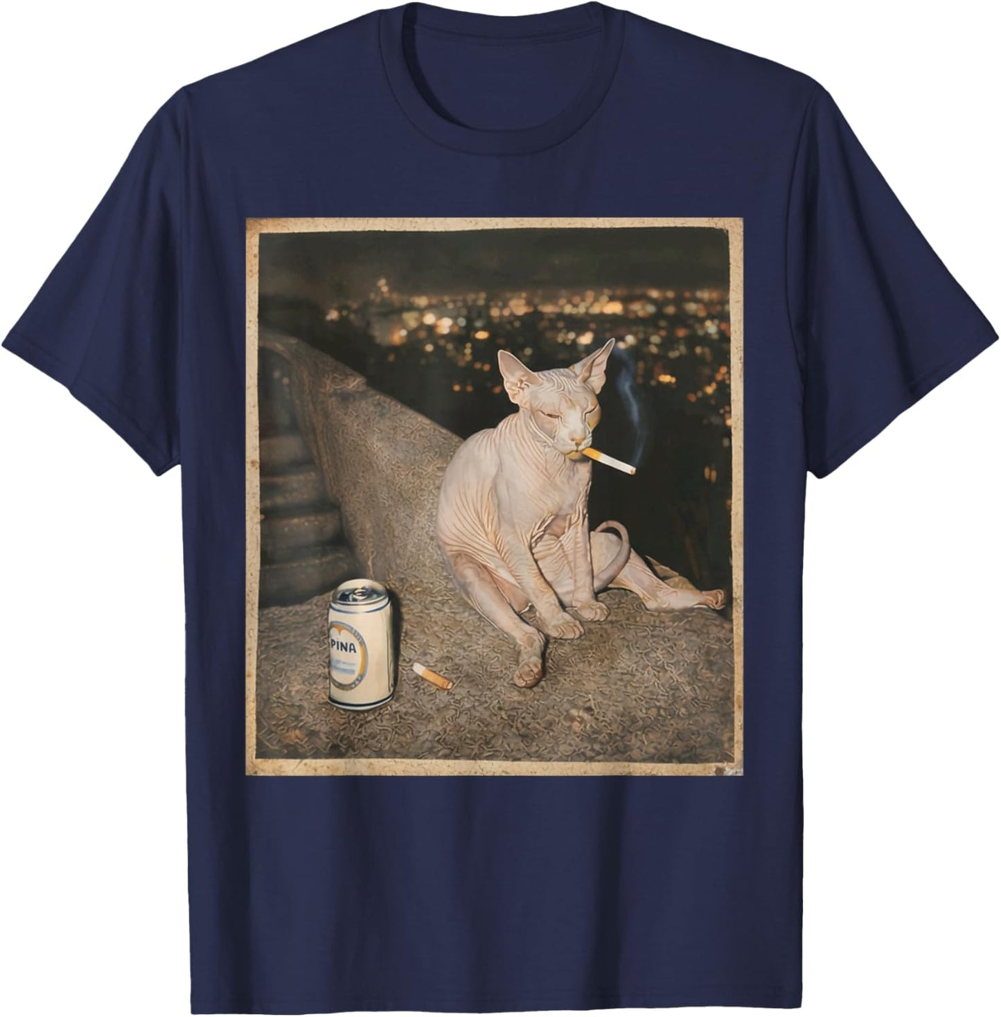 Smoking Sphynx Cat Meme Funny Cat Smoking Cigarette T-Shirt - T-Shirt | Navy