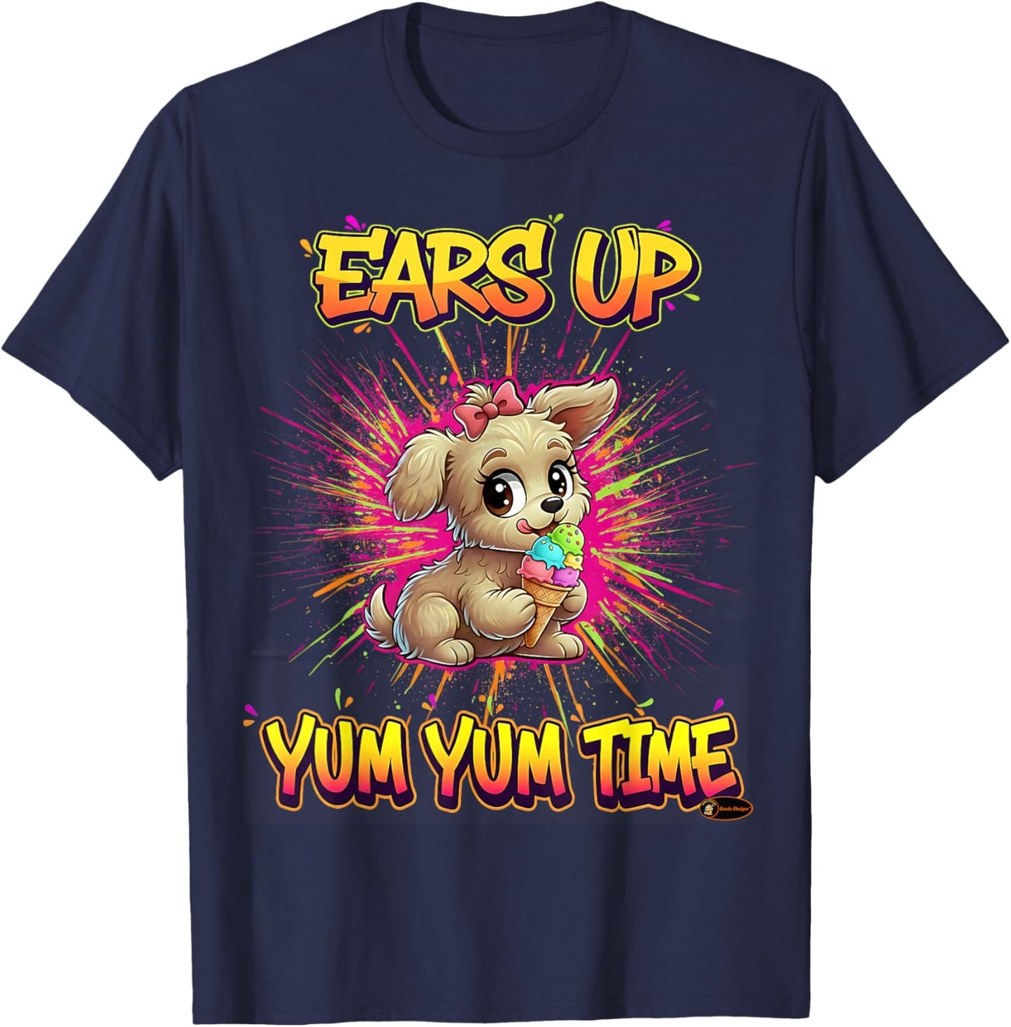 Ears Up Yum Yum Time Cute Puppy Design for Kids Dog Lovers T-Shirt - T-Shirt | Navy