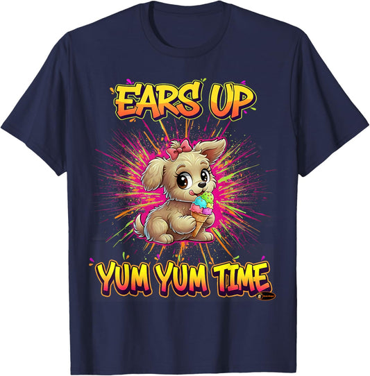 Ears Up Yum Yum Time Cute Puppy Design for Kids Dog Lovers T-Shirt - T-Shirt | Navy