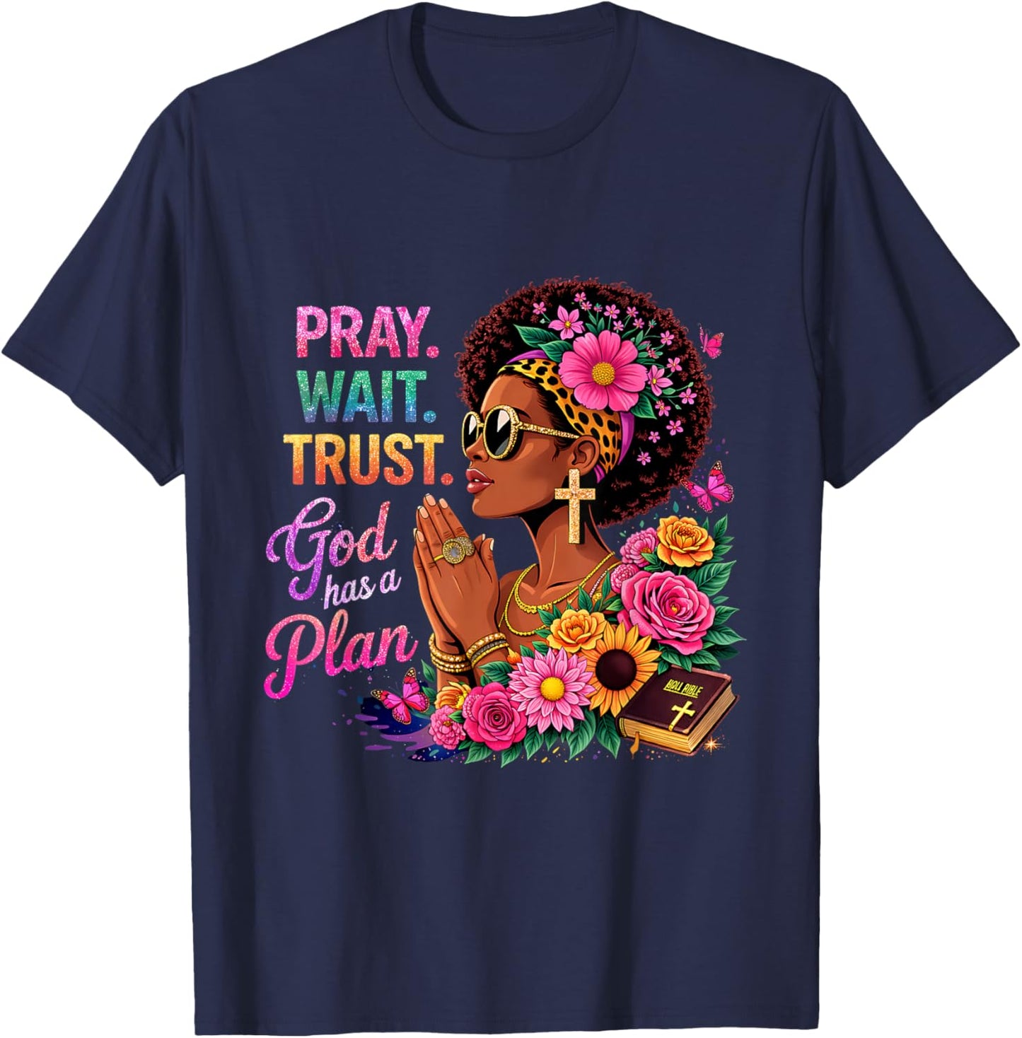 Faith Black Women African Melanin Queen God Christian T-Shirt - T-Shirt | Navy