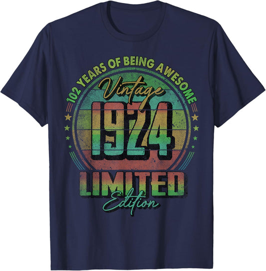 Vintage 1924 Limited Edition 102 Year Old 102nd Birthday T-Shirt - T-Shirt | Navy