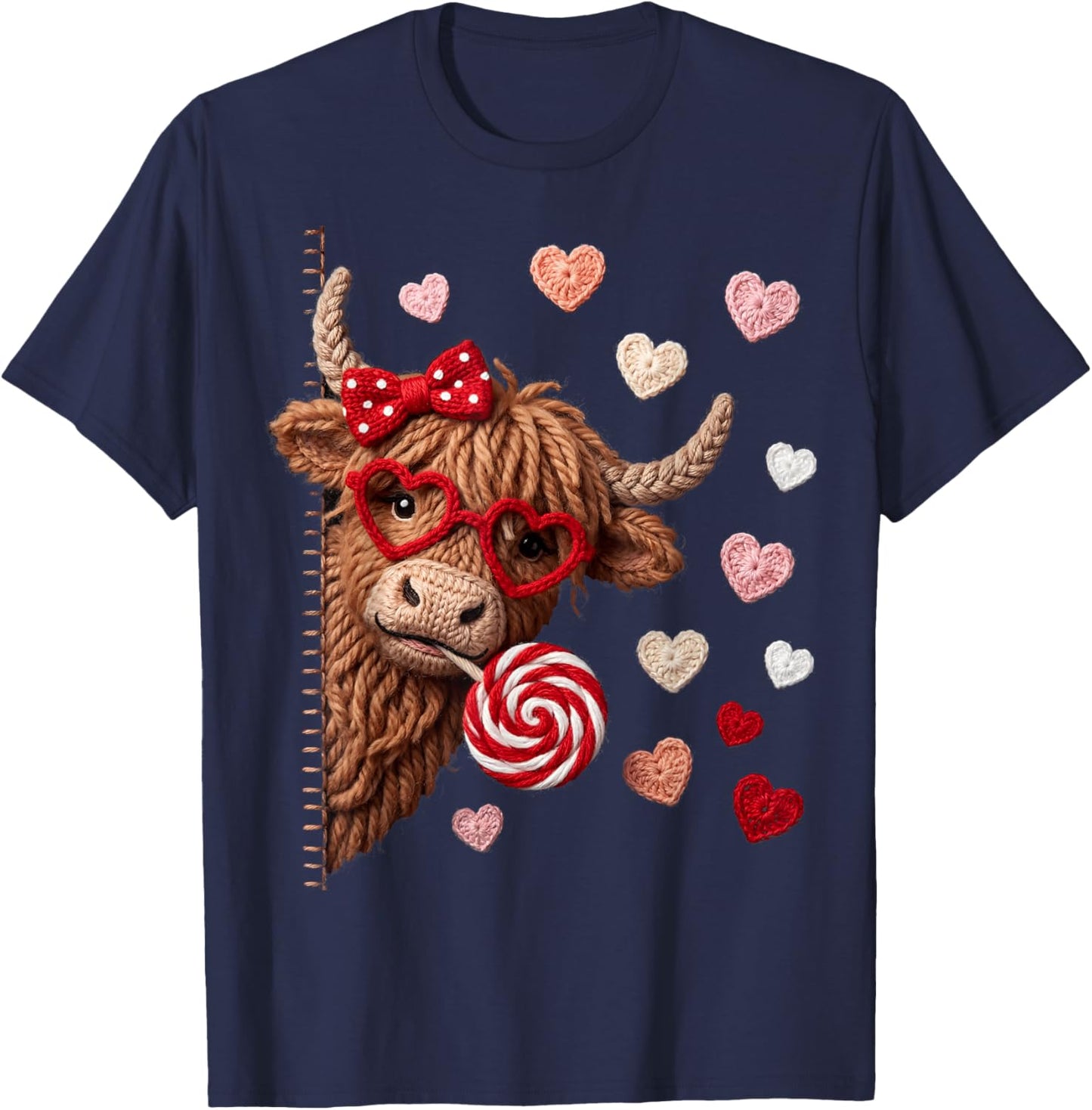 Cute Highland Cow Heifer Hearts Valentine T-Shirt - T-Shirt | Navy