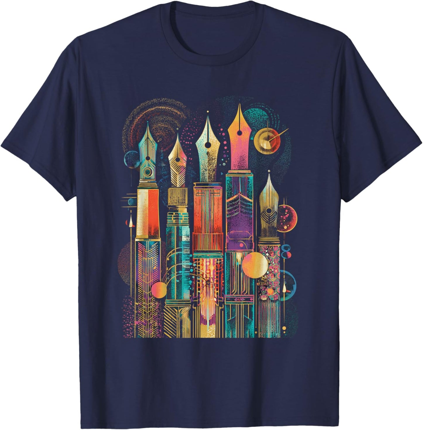 Art Deco Fountain Pen Skyline with Retro Abstract Geometry T-Shirt - T-Shirt | Navy