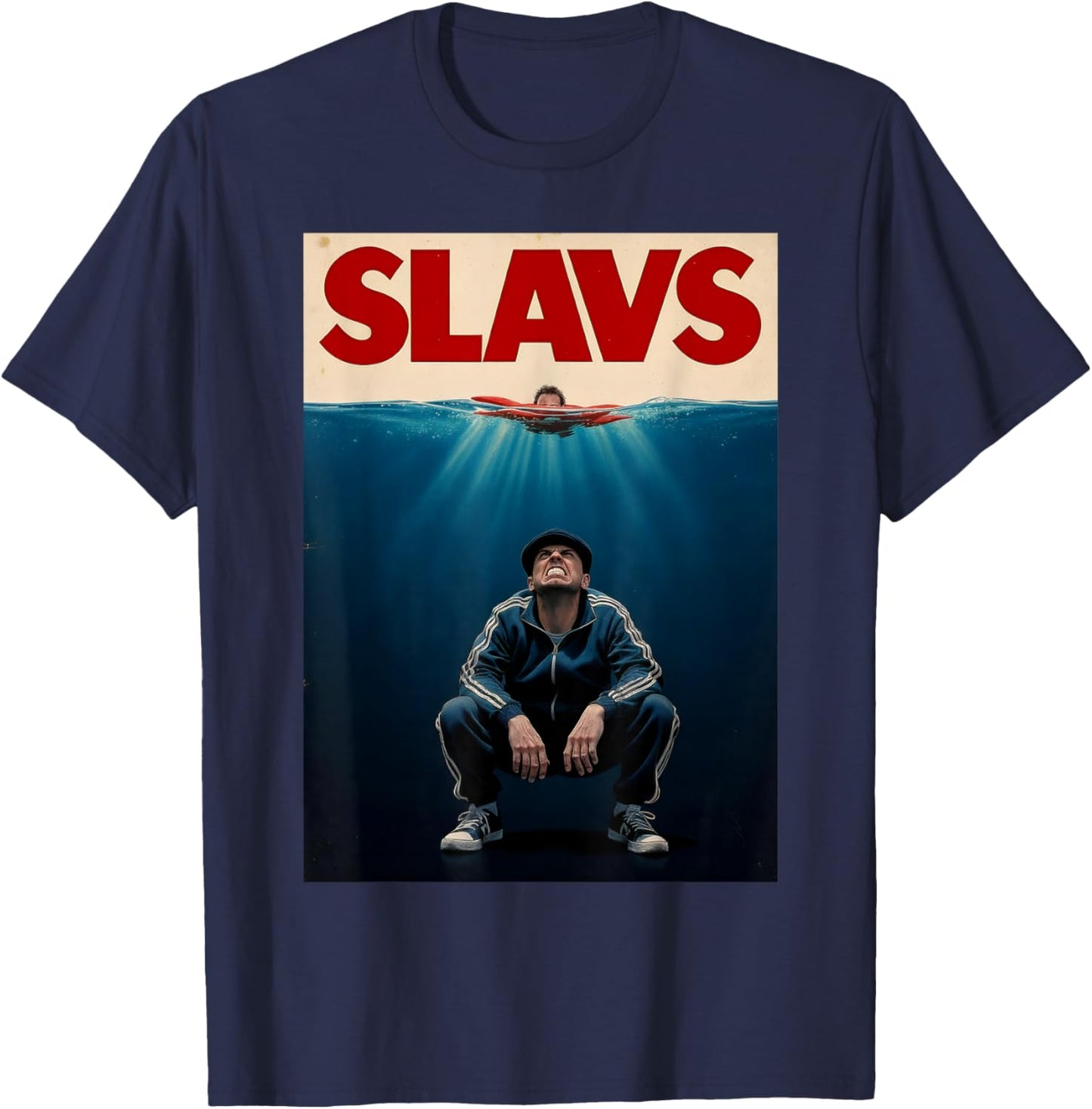 Funny Squatting Gopnik Slav Shark Movie Meme Poster Art T-Shirt - T-Shirt | Navy