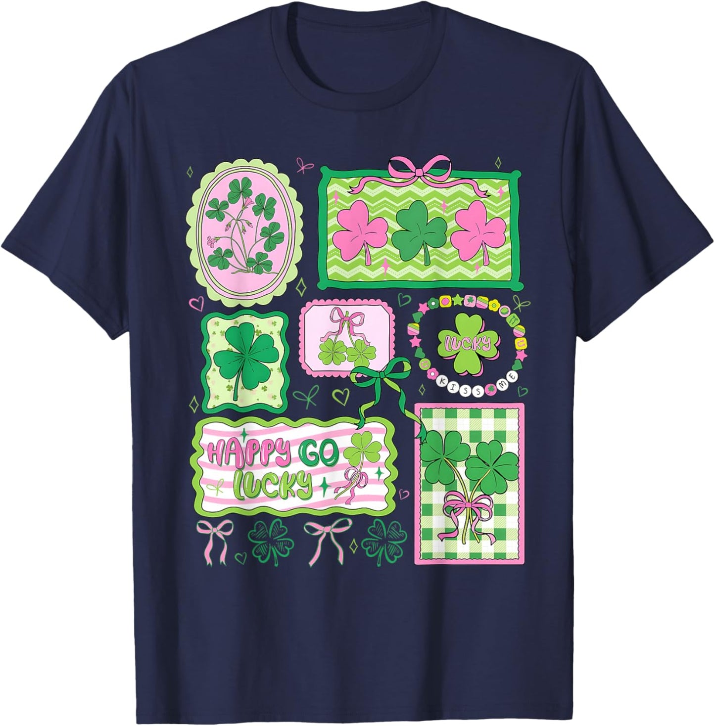 Preppy St Patricks Day Happy Go Lucky Shamrock Bow Men Women T-Shirt - T-Shirt | Navy