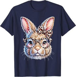 Easter Bunny with Leopard Bow and Glasses T-Shirt - T-Shirt | Navy
