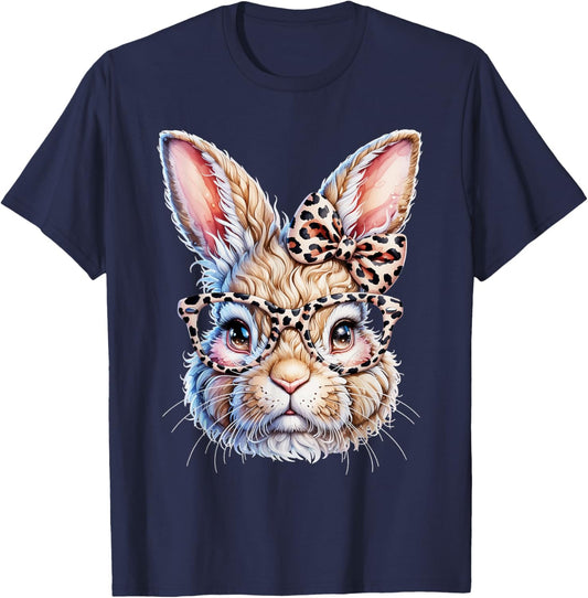 Easter Bunny with Leopard Bow and Glasses T-Shirt - T-Shirt | Navy