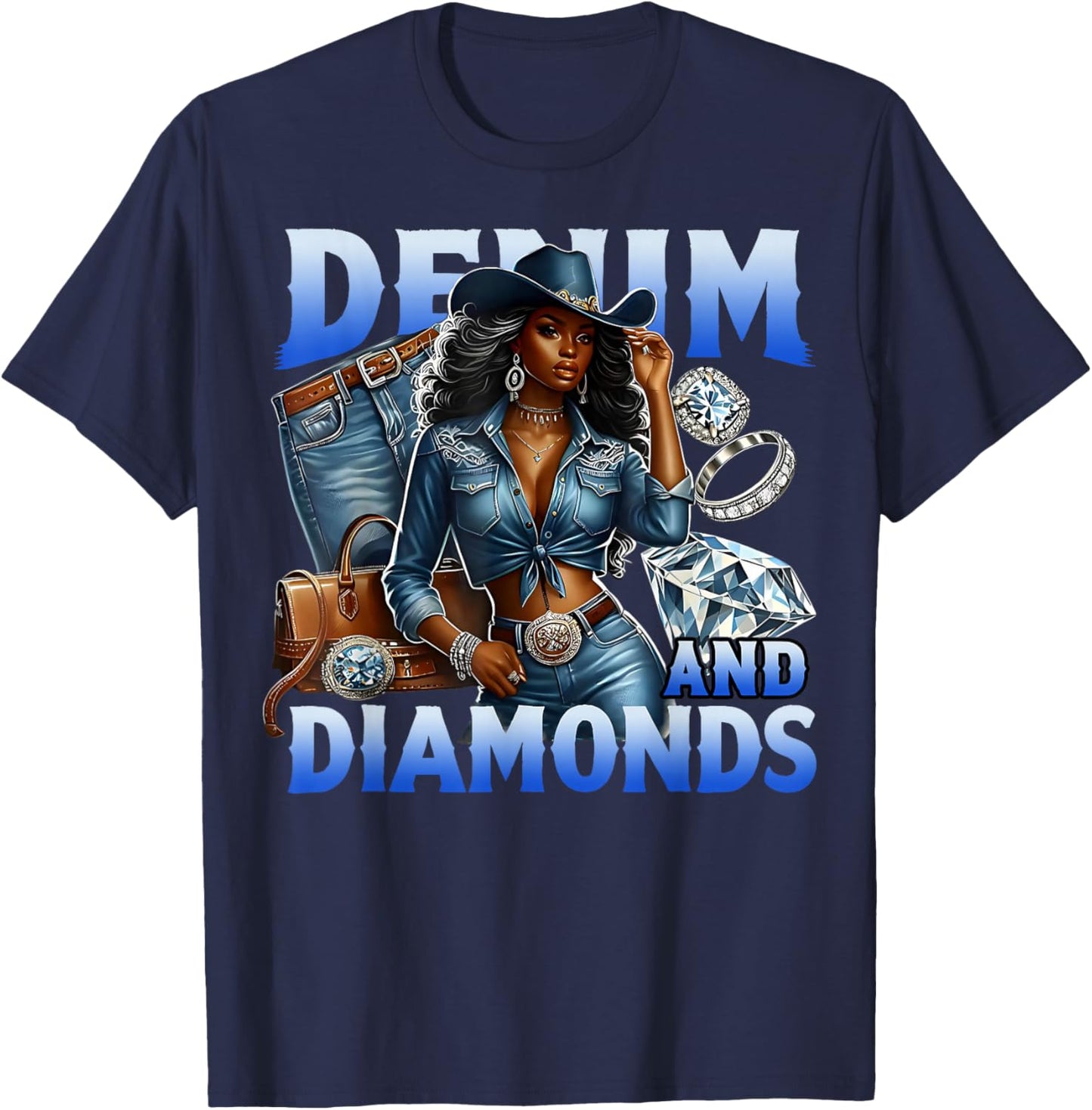 Denim and Diamonds Country Western Bachelorette Girl's Party T-Shirt - T-Shirt | Navy