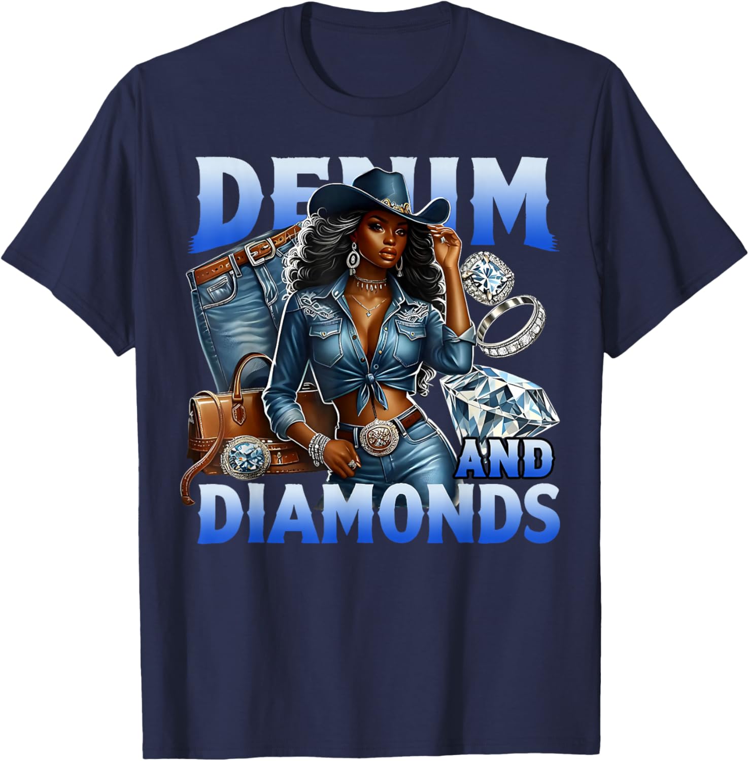 Denim and Diamonds Country Western Bachelorette Girl's Party T-Shirt - T-Shirt | Navy