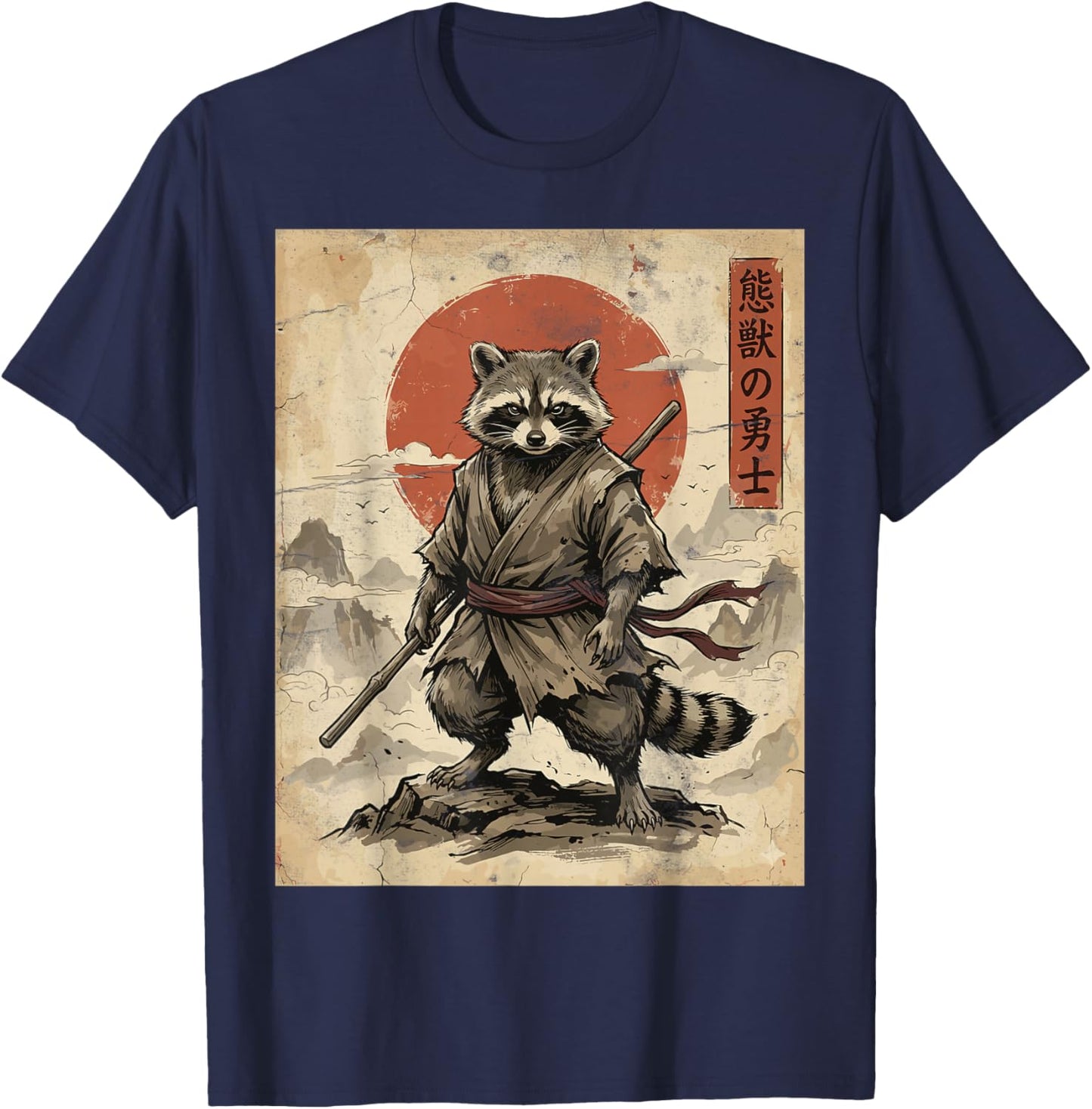 Samurai Raccoon Japanese Warrior Art Vintage Raccoon Anime T-Shirt - T-Shirt | Navy