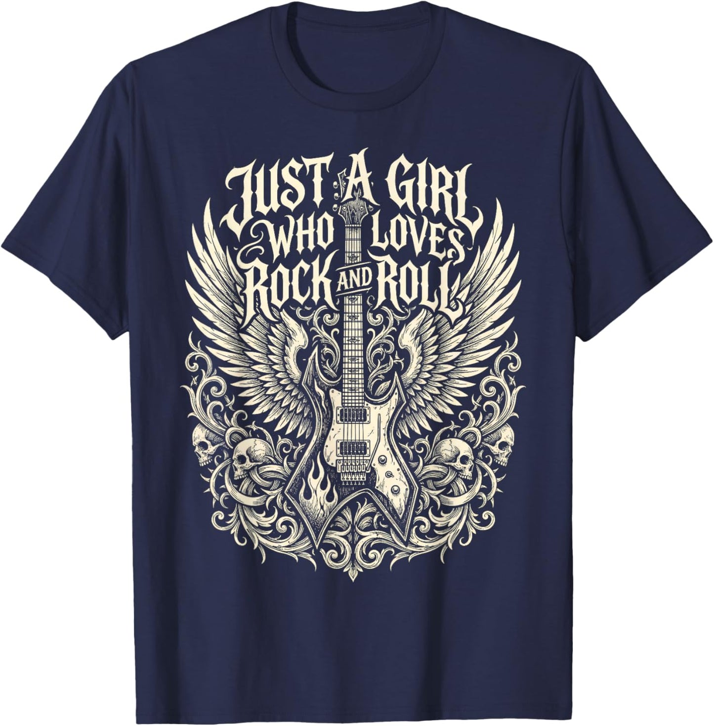 Rock Band Just a Girl Who Loves Rock and Roll Guitar T-Shirt - T-Shirt | Navy