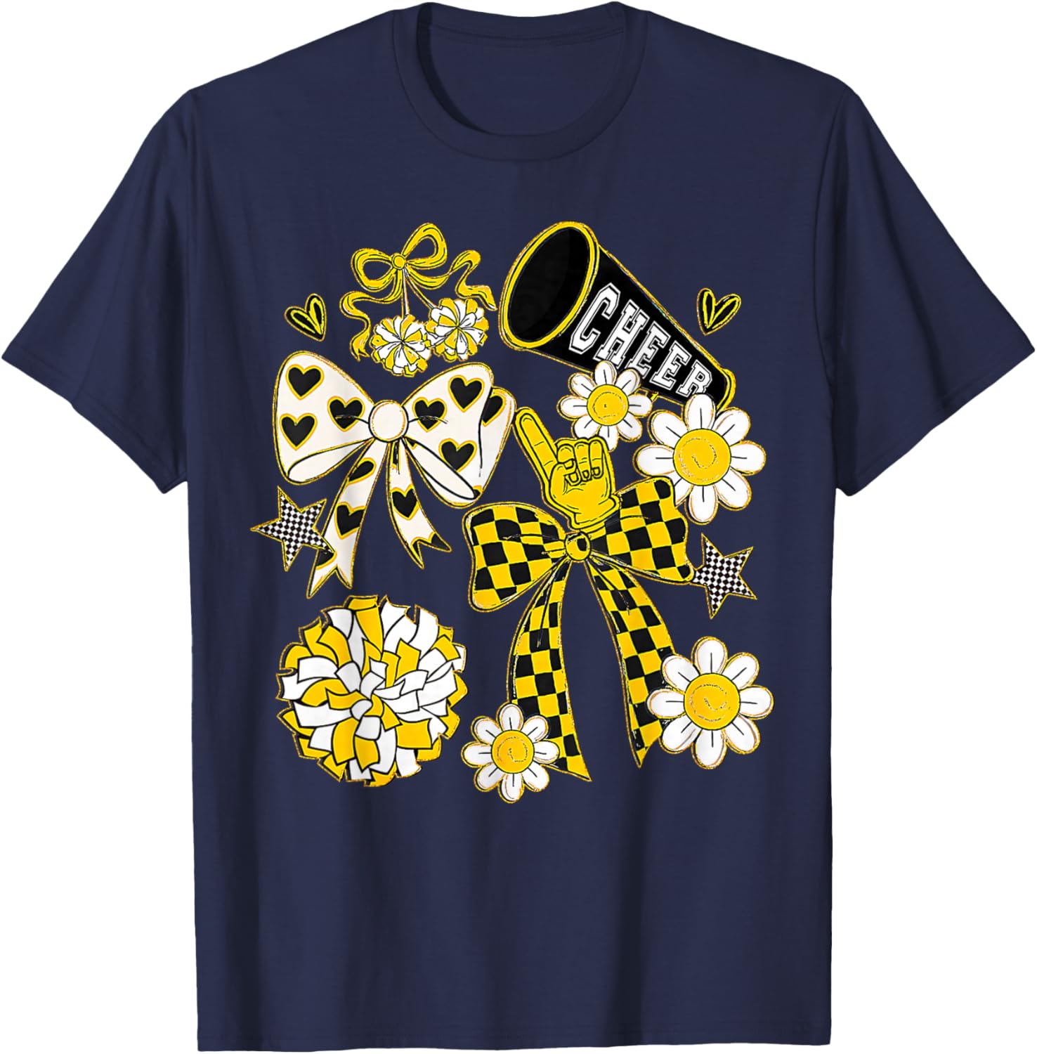 Coquette Bow Football Gold Black Game Cheer Mom Touchdown T-Shirt - T-Shirt | Navy