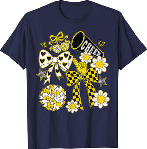 Coquette Bow Football Gold Black Game Cheer Mom Touchdown T-Shirt - T-Shirt | Navy