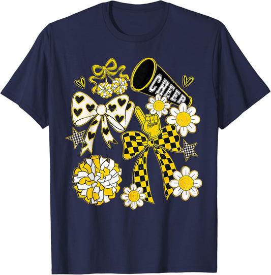 Coquette Bow Football Gold Black Game Cheer Mom Touchdown T-Shirt - T-Shirt | Navy