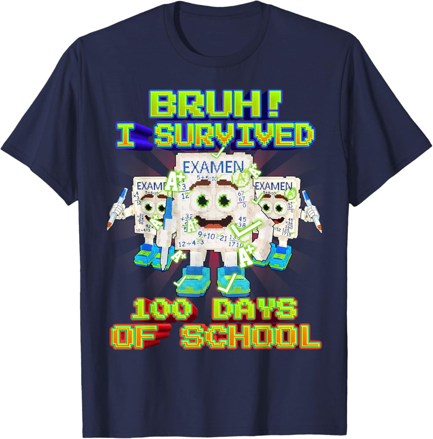 Bruh I Survived 100 Days of School Funny Yes Exam Brainrot T-Shirt - T-Shirt | Navy