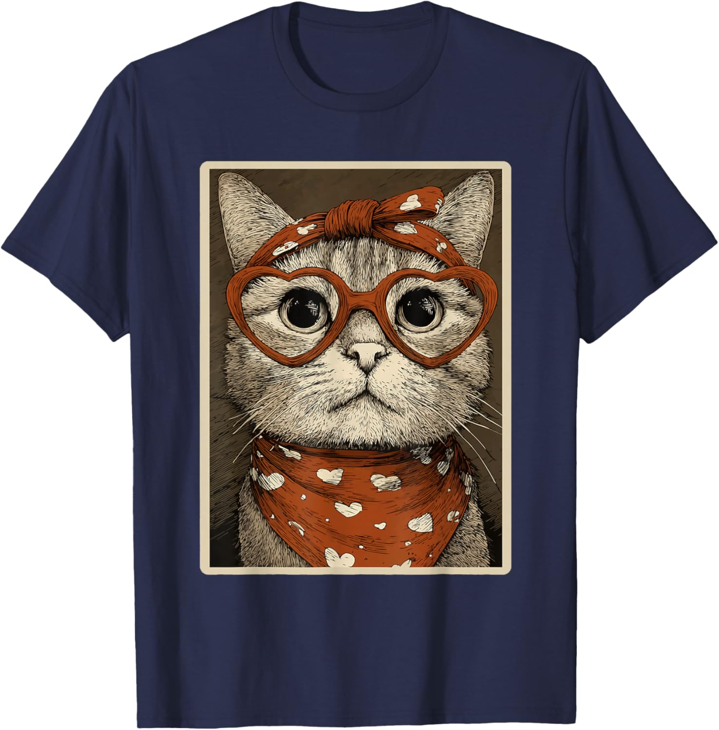 Cute Tabby Cat with Hearts Glasses Valentines Kitty Coquette T-Shirt - T-Shirt | Navy