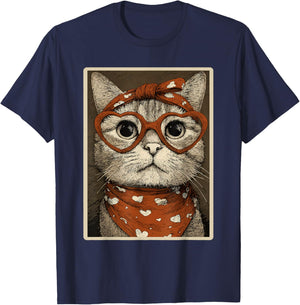 Cute Tabby Cat with Hearts Glasses Valentines Kitty Coquette T-Shirt - T-Shirt | Navy