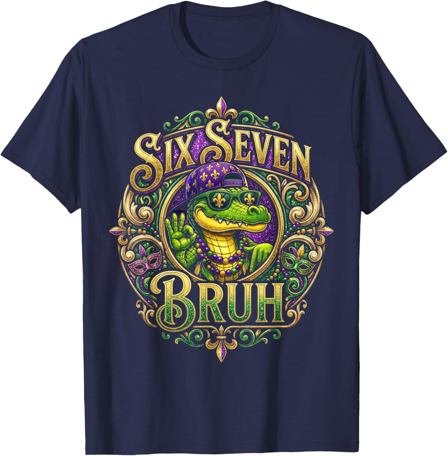 Mardi Gras Six Seven Bruh Mardigator Alligator 67 Meme Boys T-Shirt - T-Shirt | Navy