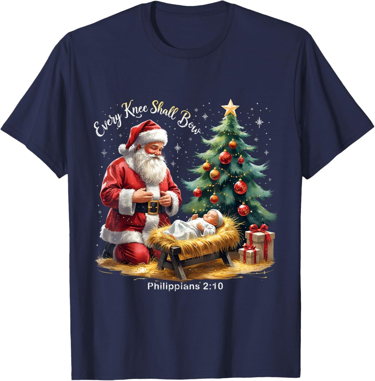 Every Knee Shall Bow Philippians 2:10 Christmas T-Shirt - T-Shirt | Navy