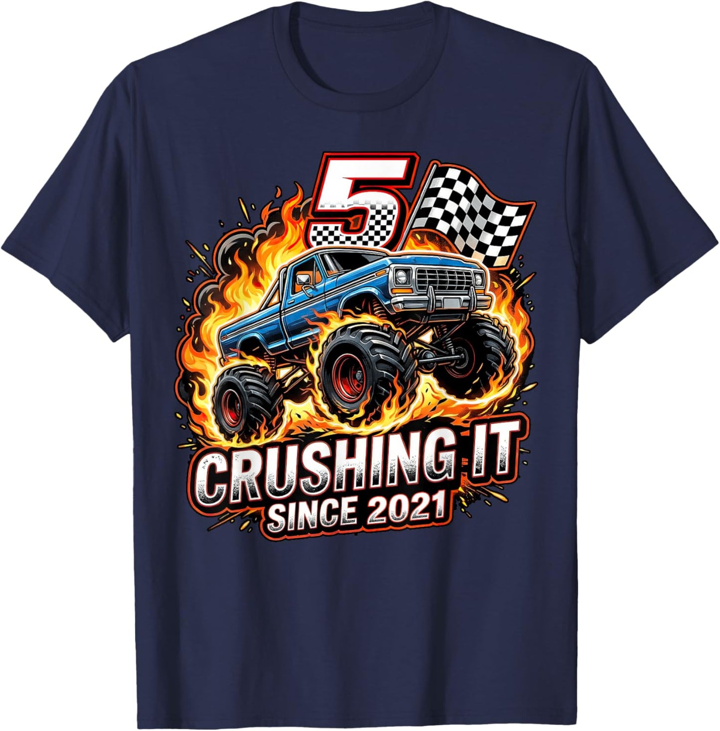 Birthday Monster Truck 5 Year Old Boys 5th Party Born 2021 T-Shirt - T-Shirt | Navy