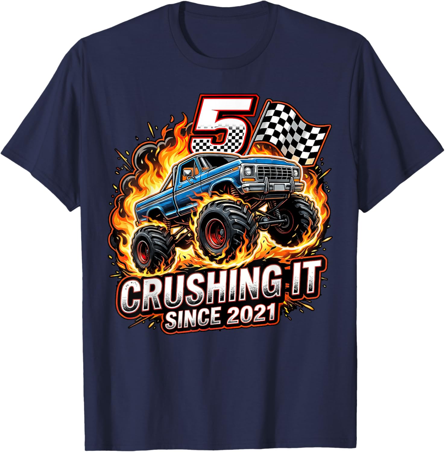 Birthday Monster Truck 5 Year Old Boys 5th Party Born 2021 T-Shirt - T-Shirt | Navy