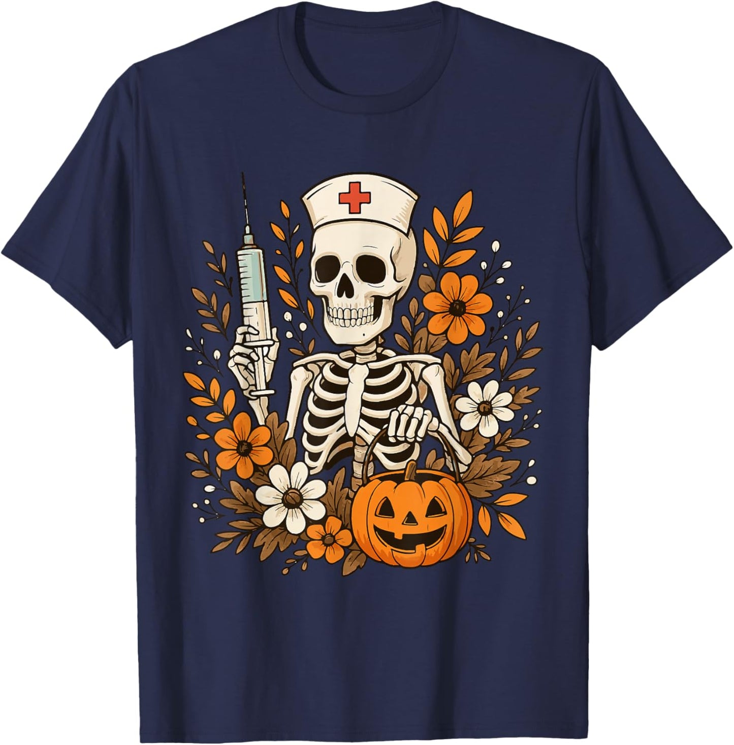 Nurse Skeleton Pumpkin Halloween Autumn Nurse Halloween T-Shirt - T-Shirt | Navy