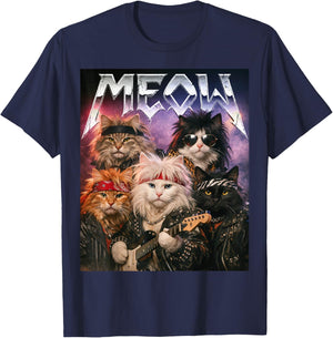 Meow Funny Cat Rock Hair Band Retro 80s and 90s Music Fan T-Shirt - T-Shirt | Navy