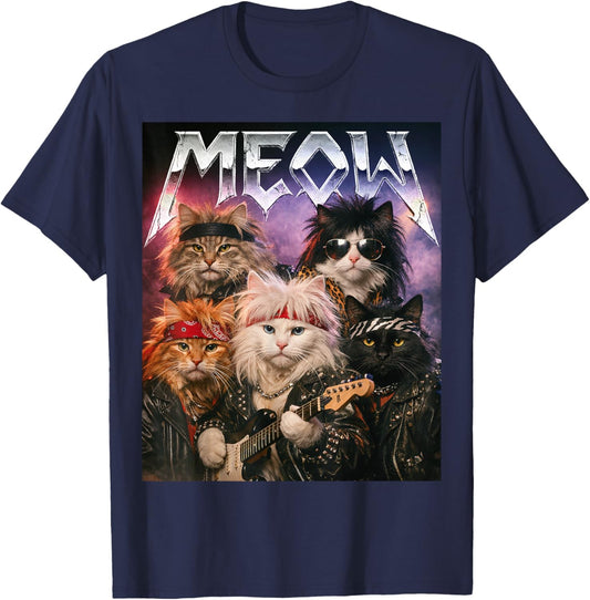 Meow Funny Cat Rock Hair Band Retro 80s and 90s Music Fan T-Shirt - T-Shirt | Navy