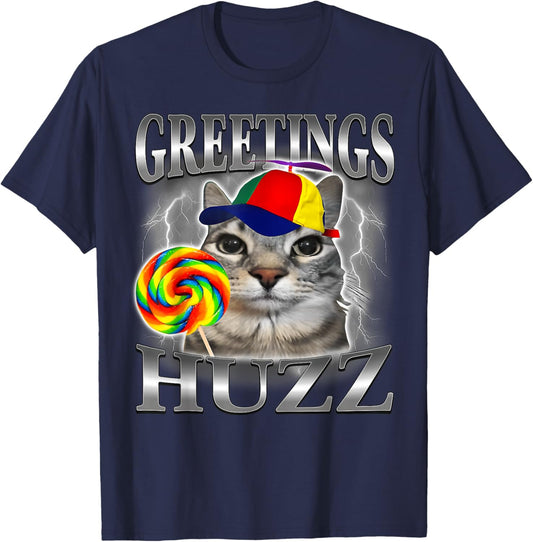 Greetings Huzz Funny Cat Meme Lovers Silly Cats Brainrot T-Shirt - T-Shirt | Navy