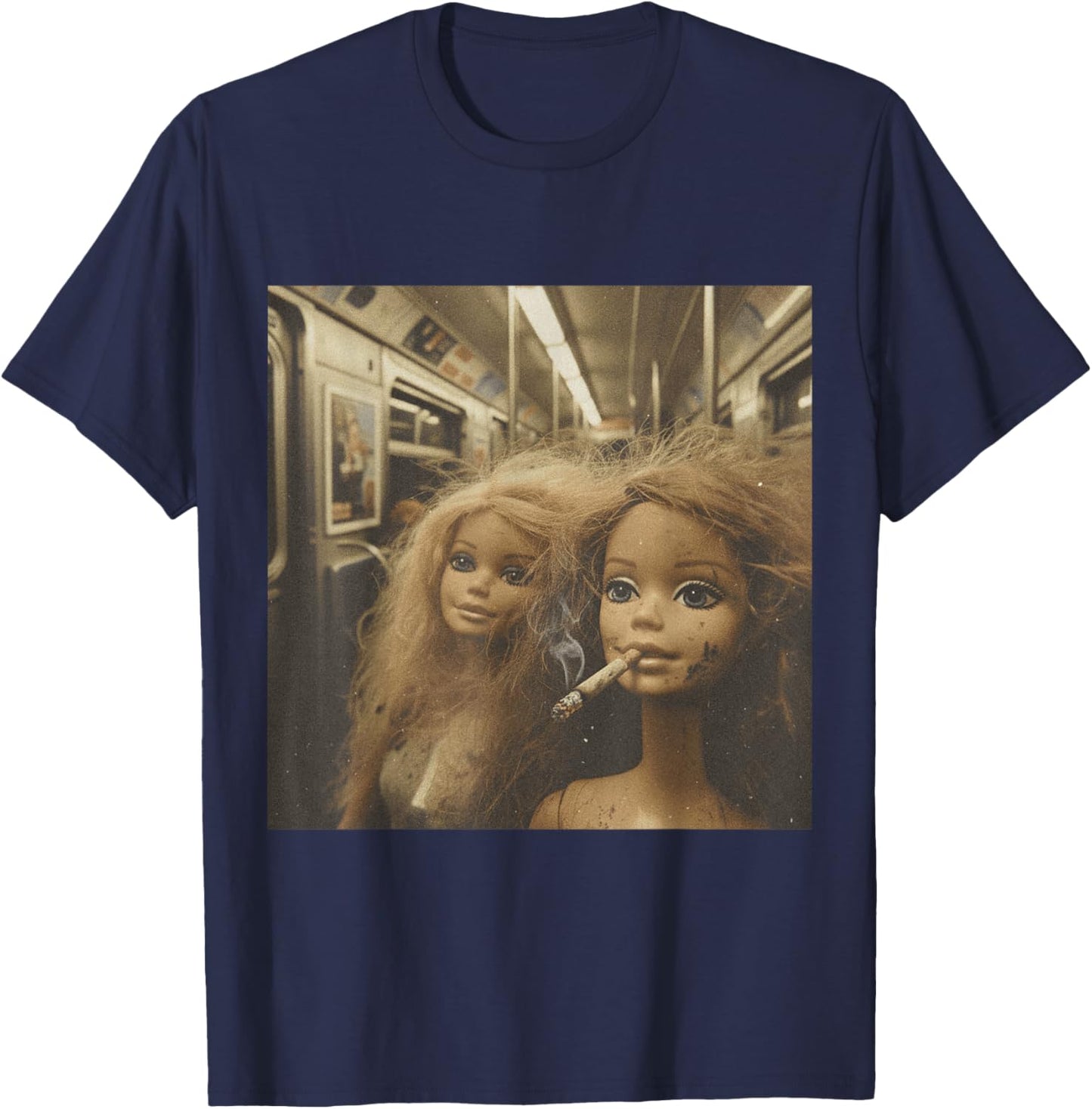 Distressed Doll Smoking Funny Doll Face Meme T-Shirt - T-Shirt | Navy