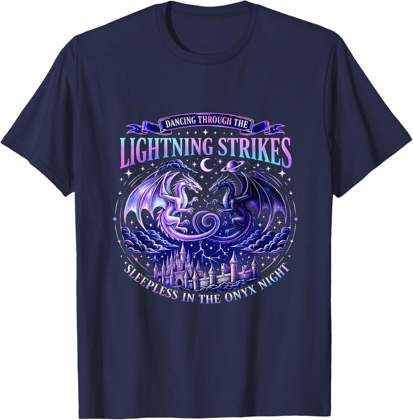 Dragon Dancing Through Lightning Strikes Fantasy Night Art T-Shirt - T-Shirt | Navy