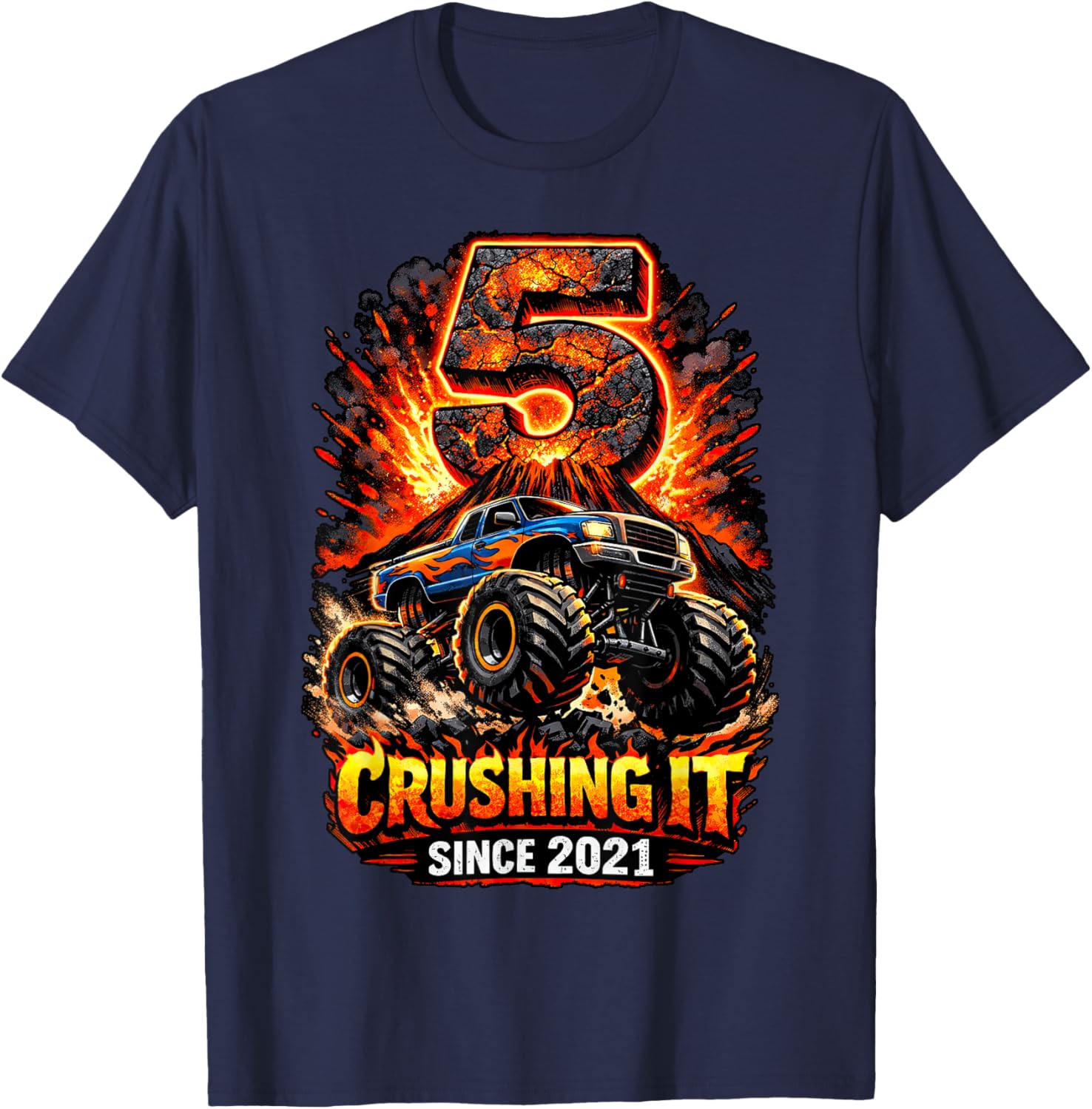 Birthday Monster Truck 5 Year Old Boys 5th Party Born 2021 T-Shirt - T-Shirt | Navy