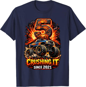 Birthday Monster Truck 5 Year Old Boys 5th Party Born 2021 T-Shirt - T-Shirt | Navy